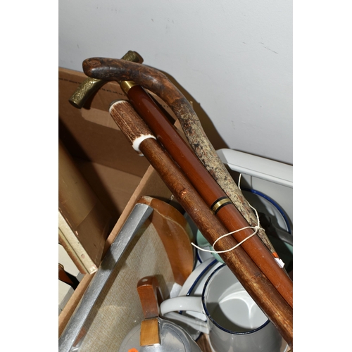 494 - FOUR BOXES AND LOOSE MUSICAL INTEREST, METALWARES, PICTURES, WALKING STICKS AND SUNDRY ITEMS, to inc... 