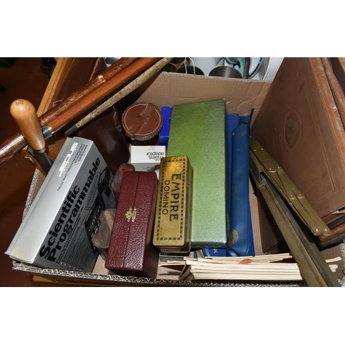 494 - FOUR BOXES AND LOOSE MUSICAL INTEREST, METALWARES, PICTURES, WALKING STICKS AND SUNDRY ITEMS, to inc... 