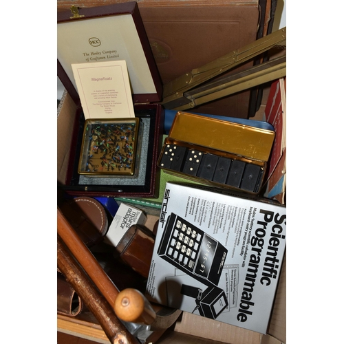 494 - FOUR BOXES AND LOOSE MUSICAL INTEREST, METALWARES, PICTURES, WALKING STICKS AND SUNDRY ITEMS, to inc... 