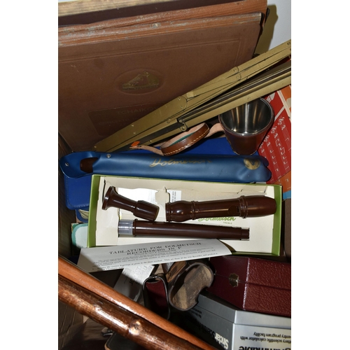 494 - FOUR BOXES AND LOOSE MUSICAL INTEREST, METALWARES, PICTURES, WALKING STICKS AND SUNDRY ITEMS, to inc... 