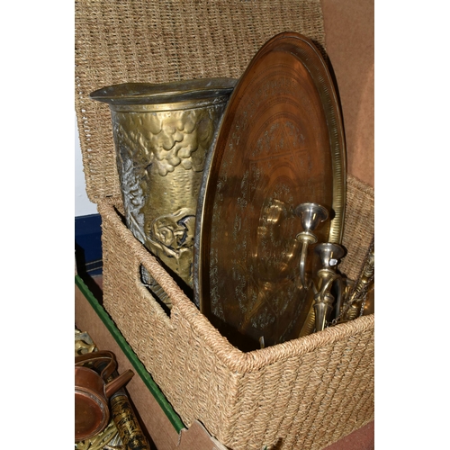 496 - A BOX, A BASKET AND LOOSE METAL WARES AND A CRICKET SET, to include a copper helmet form coal scuttl... 