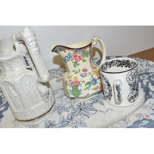 498 - FOUR PIECES OF VICTORIAN CERAMICS, comprising a D'Orsay Japan large blue and white meat plate (craze... 