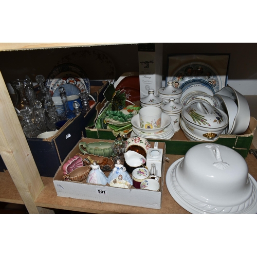 501 - THREE BOXES AND LOOSE CERAMICS AND GLASSWARES, to include Coalport Minuettes figurines: Joanne, Soph... 