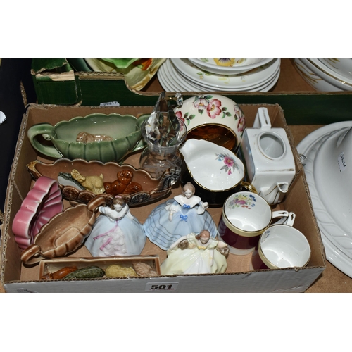 501 - THREE BOXES AND LOOSE CERAMICS AND GLASSWARES, to include Coalport Minuettes figurines: Joanne, Soph... 