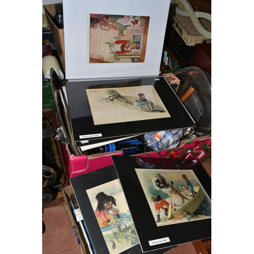 502 - FIVE BOXES AND LOOSE HOMEWARES AND SUNDRY ITEMS, to include matted prints after Florence Upton and M... 