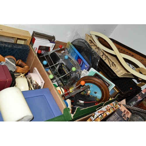 502 - FIVE BOXES AND LOOSE HOMEWARES AND SUNDRY ITEMS, to include matted prints after Florence Upton and M... 