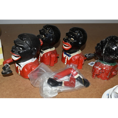 505 - FOUR JOLLY GENTLEMAN STYLE MONEY BOXES, in cast iron and aluminium (4 + arms) (Condition Report: af,... 