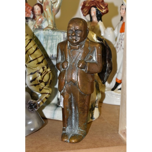 506 - A GROUP OF FIGURES AND CERAMICS, to include a solid bronze sculpture of Sir Winston Churchill approx... 