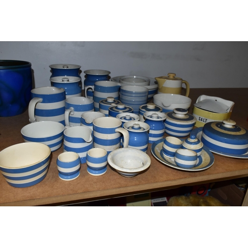 507 - A COLLECTION OF T G GREEN CORNISH WARE, over thirty mostly blue banded pieces, to include a yellow b... 