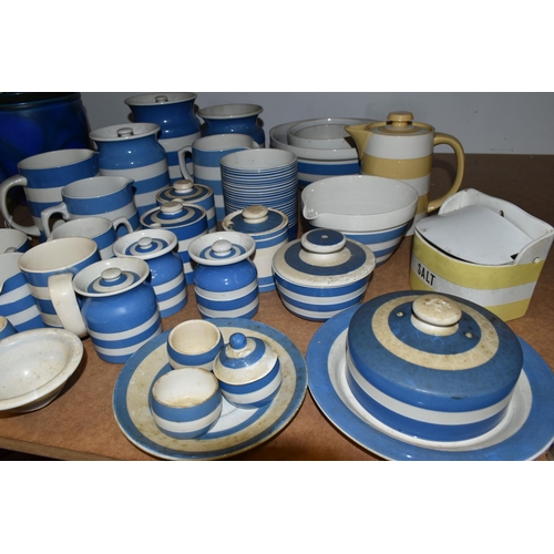 507 - A COLLECTION OF T G GREEN CORNISH WARE, over thirty mostly blue banded pieces, to include a yellow b... 