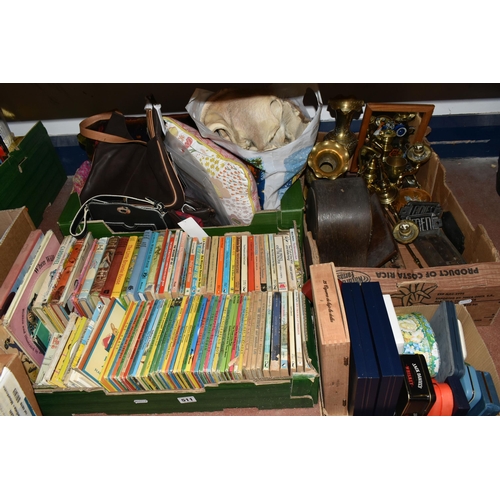 511 - FOUR BOXES OF BOOKS, METAL WARES AND SUNDRY ITEMS, to include approximately one hundred children's b... 