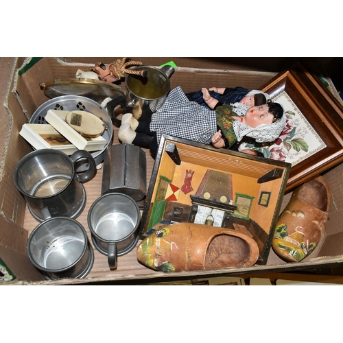 514 - TWO BOXES AND LOOSE METAL WARES, GOLF CLUBS, FISHING ROD AND SUNDRY ITEMS, to include plated candela... 