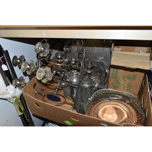 514 - TWO BOXES AND LOOSE METAL WARES, GOLF CLUBS, FISHING ROD AND SUNDRY ITEMS, to include plated candela... 