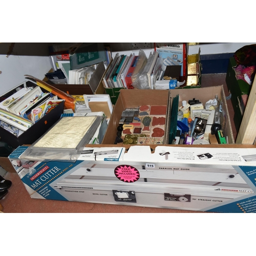 515 - SIX BOXES AND LOOSE PAPERCRAFT ITEMS, to include a boxed Logan mat cutting system, a Dymo label make... 