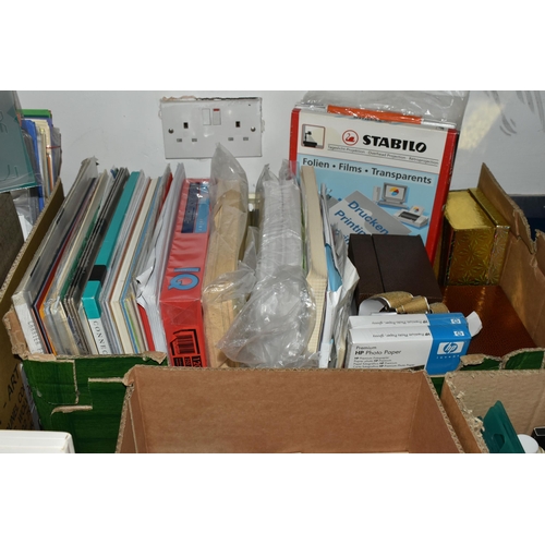 515 - SIX BOXES AND LOOSE PAPERCRAFT ITEMS, to include a boxed Logan mat cutting system, a Dymo label make... 