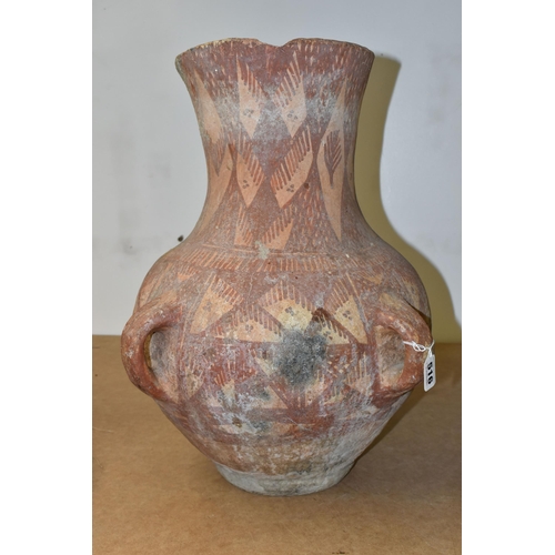 516 - A PAINTED TERRACOTTA FOUR HANDLED URN, POSSIBLY CHINESE OF NEOLITHIC STYLE, decorated with geometric... 