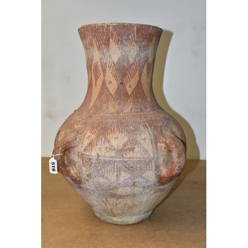 516 - A PAINTED TERRACOTTA FOUR HANDLED URN, POSSIBLY CHINESE OF NEOLITHIC STYLE, decorated with geometric... 