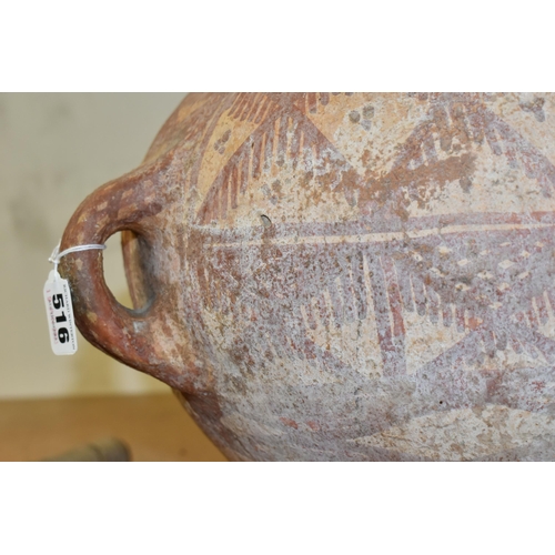 516 - A PAINTED TERRACOTTA FOUR HANDLED URN, POSSIBLY CHINESE OF NEOLITHIC STYLE, decorated with geometric... 