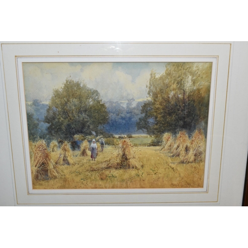 519 - HAROLD GRESLEY (1892-1962) 'HARVESTING NEAR KINGS MILLS',  a picturesque landscape depicting figures... 