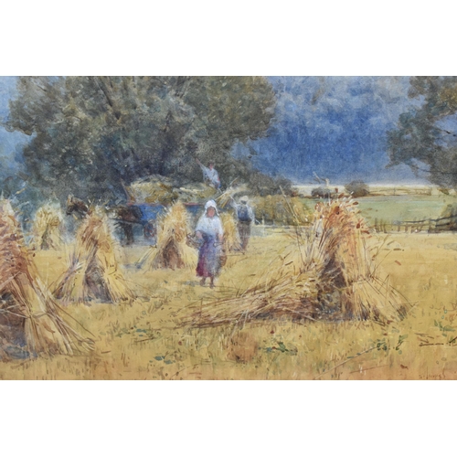 519 - HAROLD GRESLEY (1892-1962) 'HARVESTING NEAR KINGS MILLS',  a picturesque landscape depicting figures... 