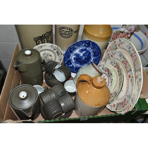 524 - THREE BOXES OF CERAMICS AND STONEWARE FLAGONS, to include three early 20th century grocer's stonewar... 