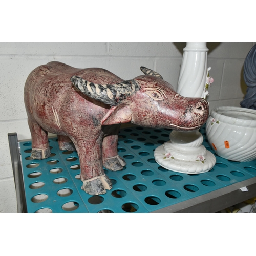 526 - SIX BOXES OF ASSORTED CERAMICS AND HOUSEHOLD ORNAMENTS, to include a large terracotta water buffalo ... 