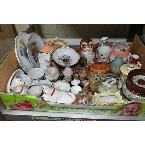 526 - SIX BOXES OF ASSORTED CERAMICS AND HOUSEHOLD ORNAMENTS, to include a large terracotta water buffalo ... 