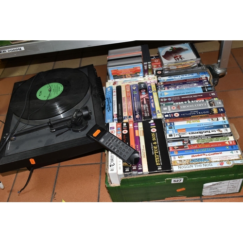 527 - A LINN AXIS TURNTABLE, CAMBRIDGE AUDIO CD PLAYER AND ONE BOX OF DVDS, , over fifty DVDs to include t... 