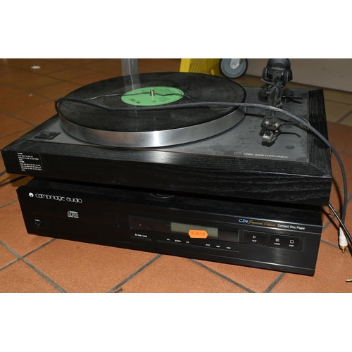 527 - A LINN AXIS TURNTABLE, CAMBRIDGE AUDIO CD PLAYER AND ONE BOX OF DVDS, , over fifty DVDs to include t... 