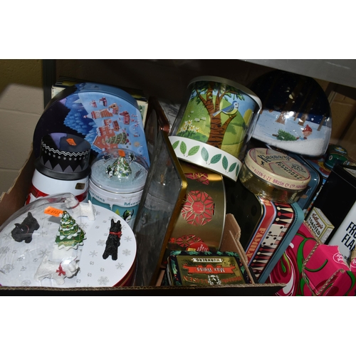 528 - TWO BOXES AND LOOSE VINTAGE TINS, to include a Mackintosh's 'Egg Cream' toffee deluxe tin, a glass t... 