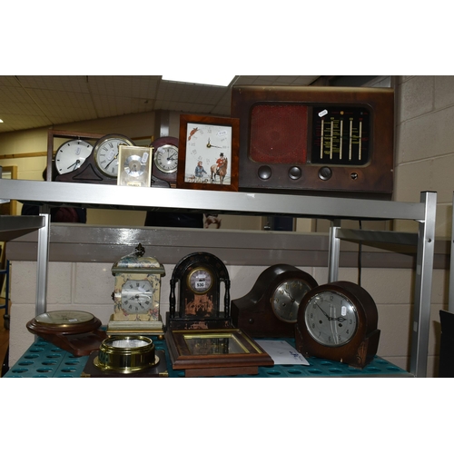 530 - A COLLECTION OF CLOCKS AND A 1930'S VALVE RADIO, comprising a wooden cased Pye radio serial number 2... 