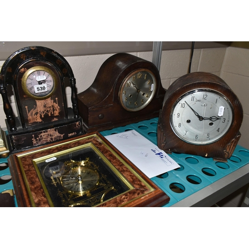 530 - A COLLECTION OF CLOCKS AND A 1930'S VALVE RADIO, comprising a wooden cased Pye radio serial number 2... 