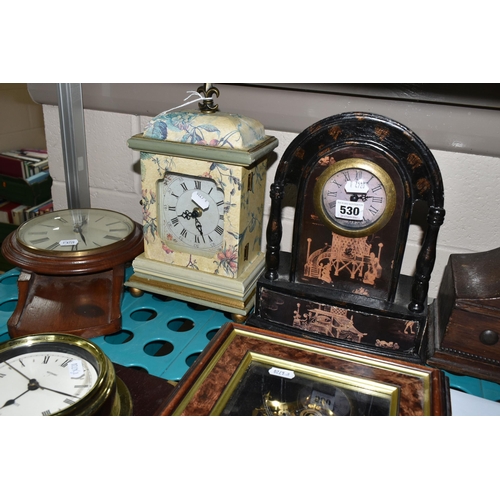 530 - A COLLECTION OF CLOCKS AND A 1930'S VALVE RADIO, comprising a wooden cased Pye radio serial number 2... 