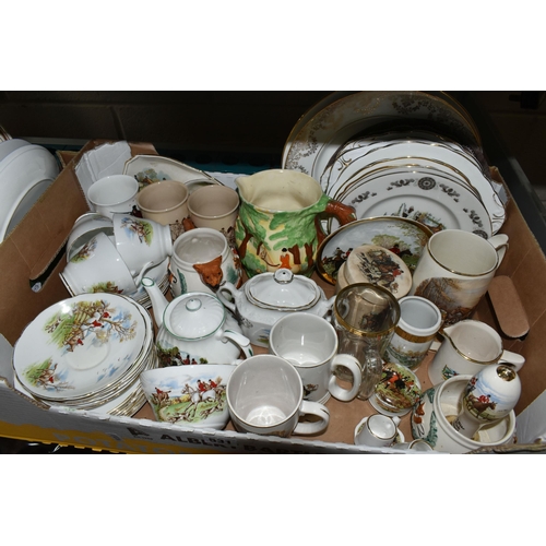 531 - TWO BOXES OF CERAMICS, a collection of fox hunting themed ceramics to include a Regency china tea se... 