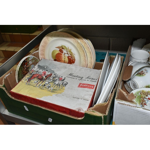 531 - TWO BOXES OF CERAMICS, a collection of fox hunting themed ceramics to include a Regency china tea se... 