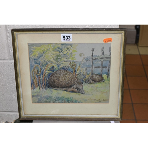 533 - WINIFRED JOAN OPHELIA GORDEN BELL (20TH CENTURY) HEDGEHOGS AND FEARNS', signed and dated 1963 bottom... 