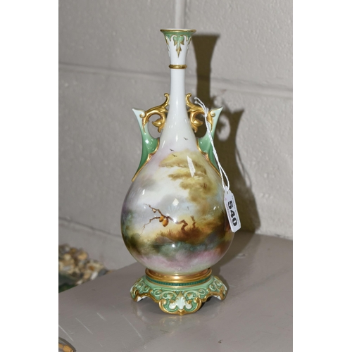 540 - A ROYAL WORCESTER HADLEY WARE TWIN HANDLED BALUSTER VASE, painted with pheasants on a branch to the ... 