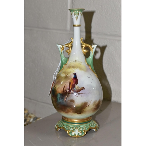 540 - A ROYAL WORCESTER HADLEY WARE TWIN HANDLED BALUSTER VASE, painted with pheasants on a branch to the ... 