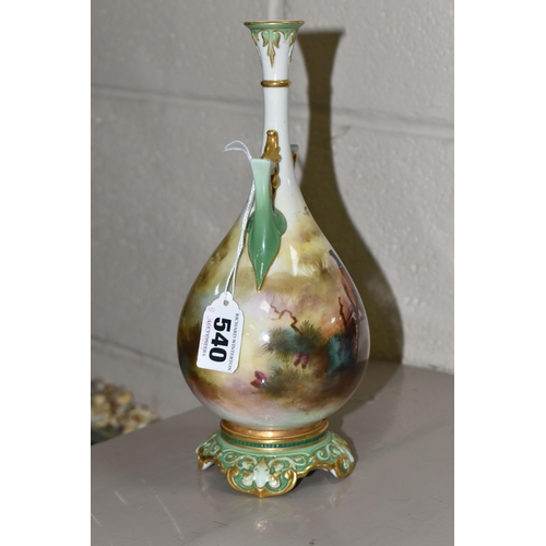 540 - A ROYAL WORCESTER HADLEY WARE TWIN HANDLED BALUSTER VASE, painted with pheasants on a branch to the ... 