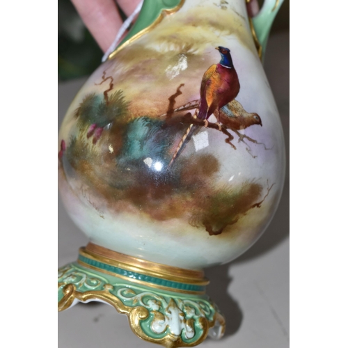 540 - A ROYAL WORCESTER HADLEY WARE TWIN HANDLED BALUSTER VASE, painted with pheasants on a branch to the ... 