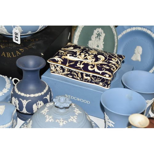 543 - A QUANTITY OF WEDGWOOD BLUE JASPERWARE, comprising a Ronson table lighter, a boxed fruit bowl, a bic... 