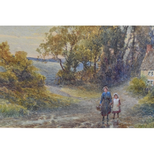 552 - FRANK GRESLEY (1855-1936) LANDSCAPE WITH COTTAGE, a mother and daughter are walking on a path before... 