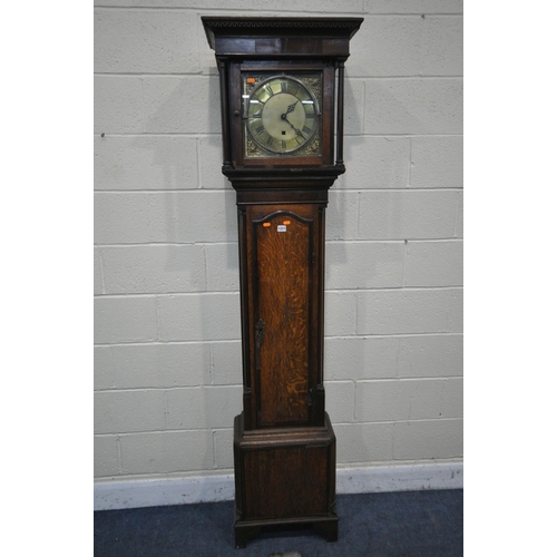 1192 - A GEORGIAN OAK AND MAHOGANY CROSSBANDED 30 HOUR LONG CASE CLOCK, the box hood with cylindrical pilla... 