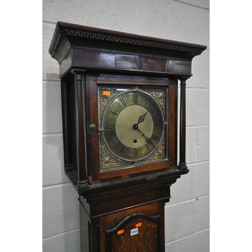 1192 - A GEORGIAN OAK AND MAHOGANY CROSSBANDED 30 HOUR LONG CASE CLOCK, the box hood with cylindrical pilla... 