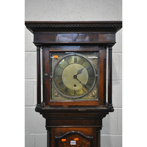 1192 - A GEORGIAN OAK AND MAHOGANY CROSSBANDED 30 HOUR LONG CASE CLOCK, the box hood with cylindrical pilla... 