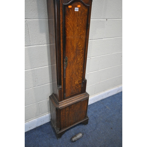 1192 - A GEORGIAN OAK AND MAHOGANY CROSSBANDED 30 HOUR LONG CASE CLOCK, the box hood with cylindrical pilla... 