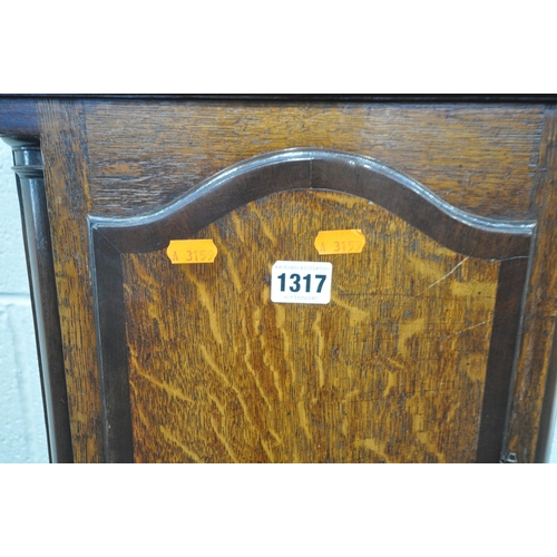 1192 - A GEORGIAN OAK AND MAHOGANY CROSSBANDED 30 HOUR LONG CASE CLOCK, the box hood with cylindrical pilla... 