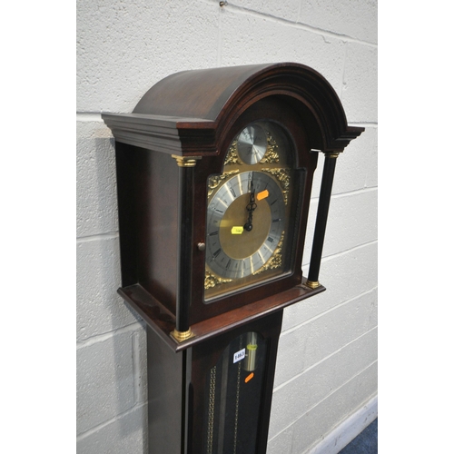 1199 - A MODERN MAHOGANY GRANDDAUGHTER CLOCK, the brass dial with a tempus fugit to arch and Roman numerals... 