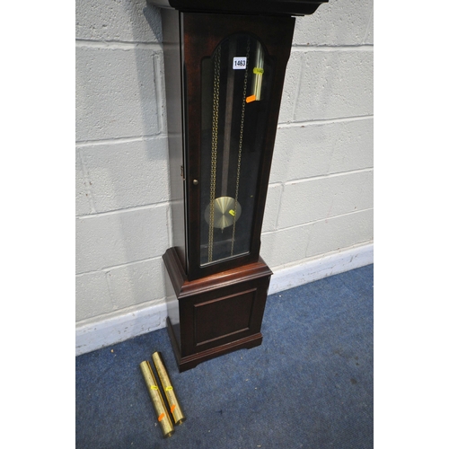 1199 - A MODERN MAHOGANY GRANDDAUGHTER CLOCK, the brass dial with a tempus fugit to arch and Roman numerals... 