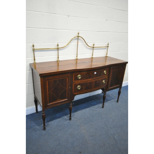 1200 - AN EARLY TO MID 20TH CENTURY MAHOGANY AND INLAID SIDEBOARD, with a brass raised back, panelled cupbo... 